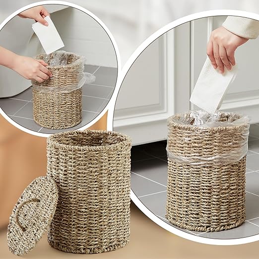 Ctosree 1.3 Gallons Small Trash Can with Lid Handle Boho Woven Braided Bathroom Waste Basket Trash Can with 100 Garbage Bags for Bedroom Office Laundry(Primary Color,Braided Straw Rope,Round)