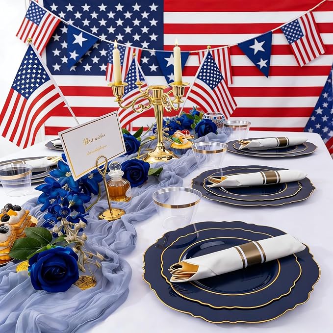 Liacere 350PCS Navy Blue Plastic Plates-Disposable Blue Gold Plates 50guest Plastic Dinnerware include 100Plates,50Pack Pre Rolled Napkins with Silverware 50Cups for Graduation & Independence Day