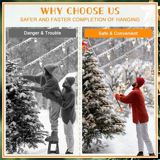 5-24ft Long Telescopic Extension Pole with Utility Hook, Ladderless christmas light pole hanger tool Installing and Hanging String Lights/Birdfeeders, cleaning High Places, Lightweight and Sturdy