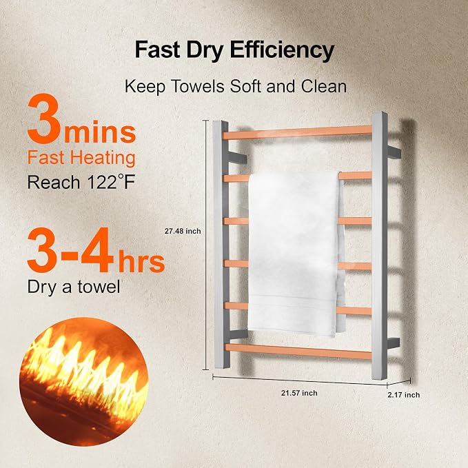 Electric Heated Towel Warmer - Wall Mounted Bathroom Towel Rack, Plug-in Design & Brushed Stainless Steel 6 Bar Brushed with Single Press