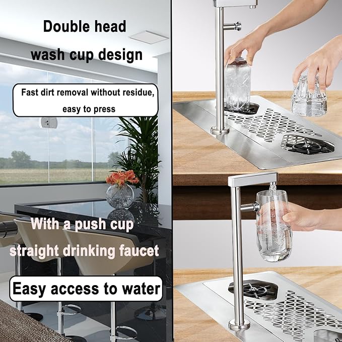 Double headed glass cleaner with faucet, stainless steel glass dishwasher for kitchen sink, bottle dishwashing cup cleaner, sink accessory for home bar faucet (KF76)