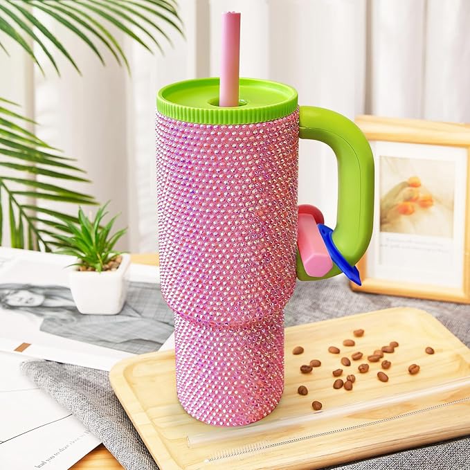 HWISDMIG 40oz Tumbler with Handle-Glitter Rhinestones Tumbler Bling Cups Stainless Steel Water Bottle Diamond Studded Tumbler for Women-Birthday Gifts for Women, Mom, Girlfriend (Fuchsia Flair)