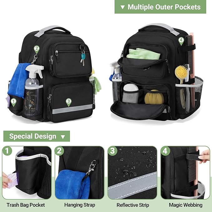 HODRANT Cleaning Backpack with Bottom Plate & Waterproof Bottom, Large Supplies Bag with Multiple Pockets for Housekeeping Tools, Cleaning Products Caddy Organizer for Home & Car
