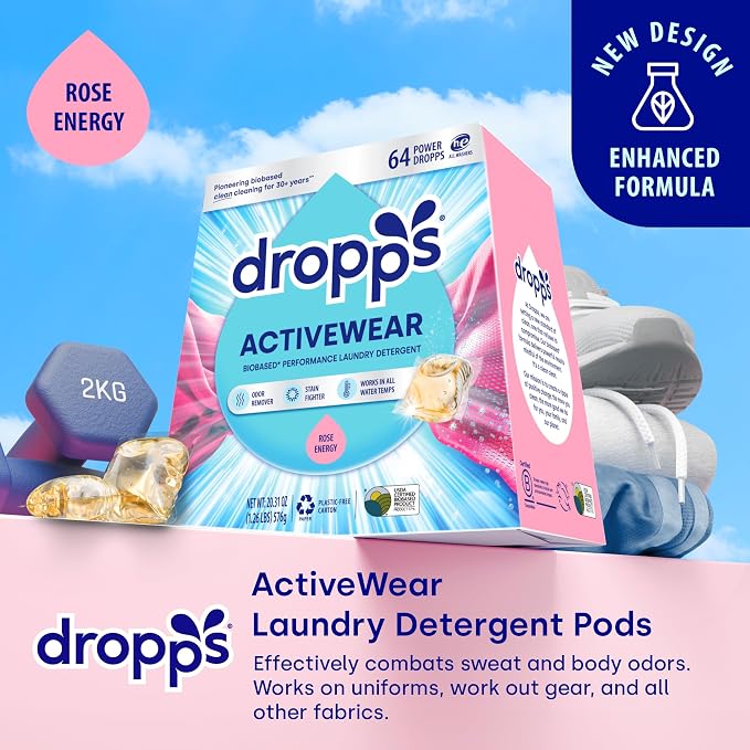 Dropps Activewear Laundry Detergent Pods, Rose Energy (64 Count) - Powerful Laundry Pods | Fights Sweat & Body Odors | For Synthetic Workout Clothes | Clean Ingredients | Plastic Free Packaging