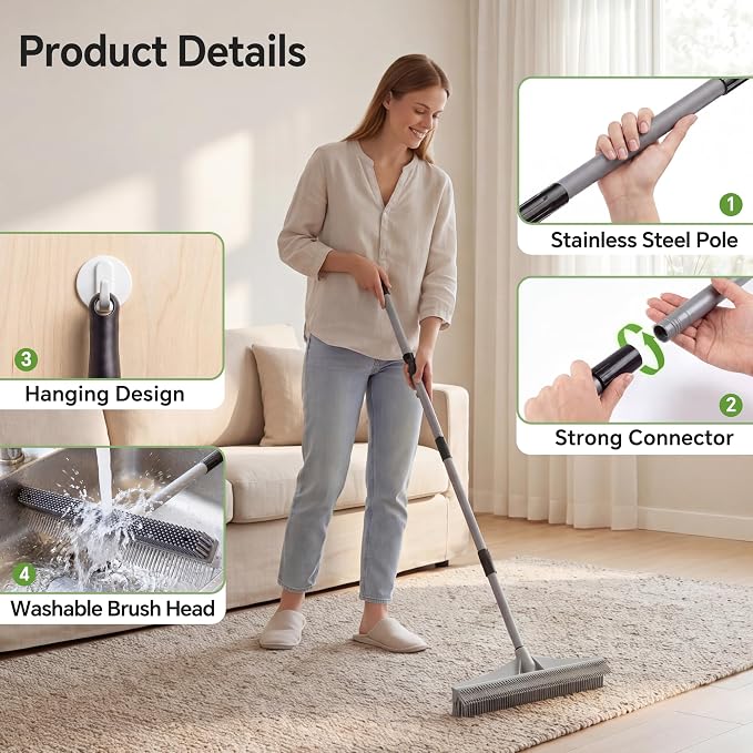 Walensee Carpet Rake for Pet Hair Removal, 2 in 1 Rug Rake to Fluff Carpet with Nylon Groomer Brush, Adjustable Long Handle for Shag Rugs, Stairs, Mats and Floors, Rubber Broom