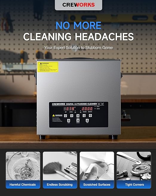 CREWORKS 10L Digital Ultrasonic Cleaner with Degas Gentle Modes, 2.6 gal. Ultrasonic Cleaning Machine, 240W Professional Ultrasound Cleaner with 300W Heater & 30 min Timer for Auto Machine Parts Tools