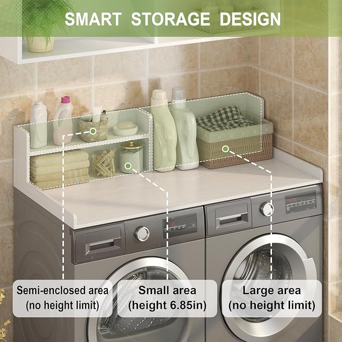 Washer Dryer Countertop - 2-Tier Wood 54" x 27.5" Laundry Topper with Safety Guard & Non-Slip Pads, Over the Washer Dryer Folding Shelf for Maximum Space Saving (White)