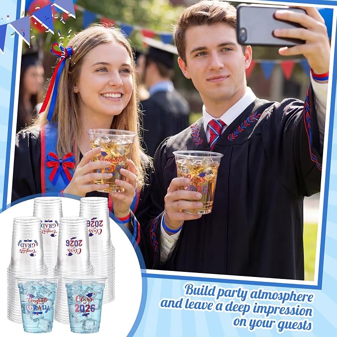 Amyhill 60 Pack 12oz Graduation Cups 2026 Graduation Decorations Disposable Plastic Cups Sturdy&Durable Drinkware for Class of 2026 Decorations Congrats Grad Party Favors Supplies (White)