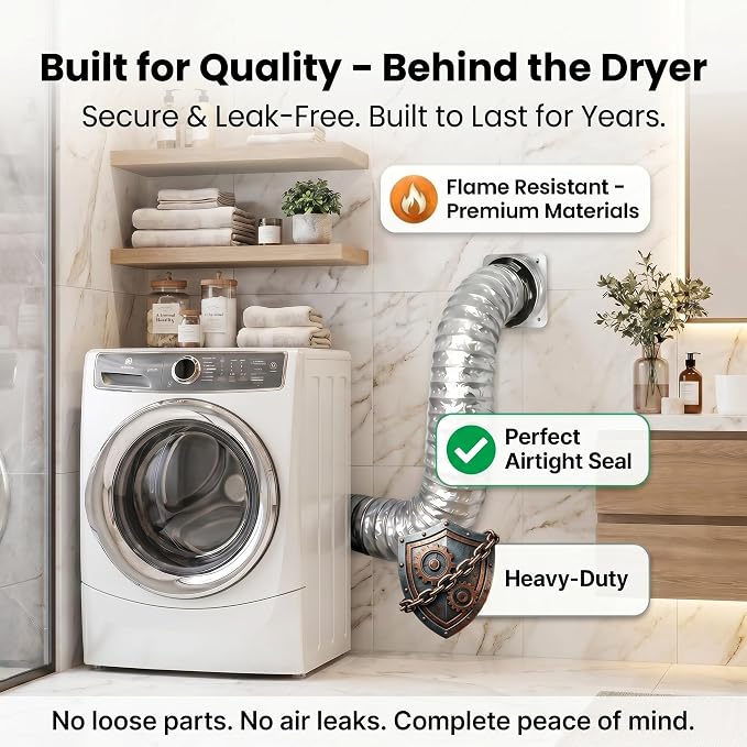 DV180 Magnetic Dryer Vent Kit, Prevent Lint Fires, Saves 4-6" Space, Self-Aligning Quick-Release, 4" x 3.3ft Aluminum Duct, Airtight Tool-Free Cleaning for Safe Low-Lint Ventilation (Sliver)