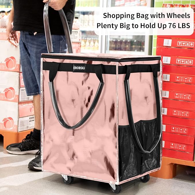 (Large,Rose Gold) Reusable Grocery Bag on Wheels, Foldable Rolling Tote, 90L Shopping Trolley, Zipper Clouser Shopping Carts for Groceries Laundry,Storage,Moving, 5 Heavy Duty Wheels