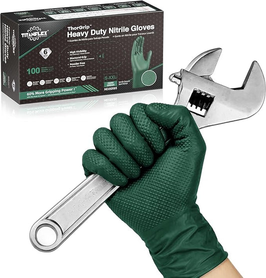 TitanFlex Heavy Duty Industrial Nitrile Gloves with Raised Diamond Texture, 6-mil, Latex Free (Dark Green)