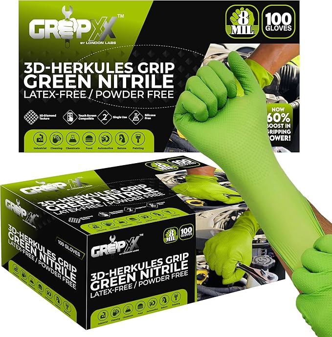 GRIPXX Herkules Grip Heavy Duty 8Mil Green Nitrile Gloves,3D Raised Diamond Texture-Latex & Powder Free-Industrial, Mechanic | Pack of (200 CT)