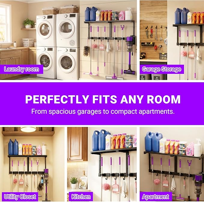 Heavy Duty Broom Holder Wall Mount with Cleaning Supplies Organizer, Space-Saving Laundry Room Organization and Storage Shelves, All-Metal Mop Hanger Broom Rack with Hooks, Garage Organizer Shelf