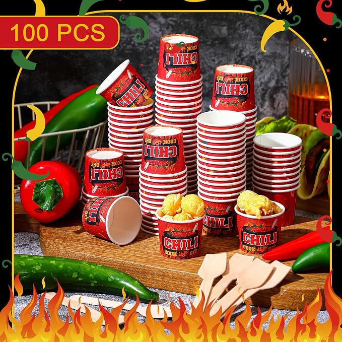 Teenyyou 100 Pcs Chili Cook off Party Decorations, 50 Pcs 2 oz mini Chili Cook off Tasting Cups Disposable Sample Paper Cups and 50 Wooden Spoons for Competition Prizes Party Cooking Supplies (Red)