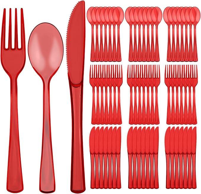 75 PCS Plastic Silverware Disposable Silverware Heavy Duty Utensil Sets 25 Of Each Forks Knives & Spoons Disposable Cutlery Set For Easter,Birthday,Baby Shower,Garden Party,Wedding(75,Red)