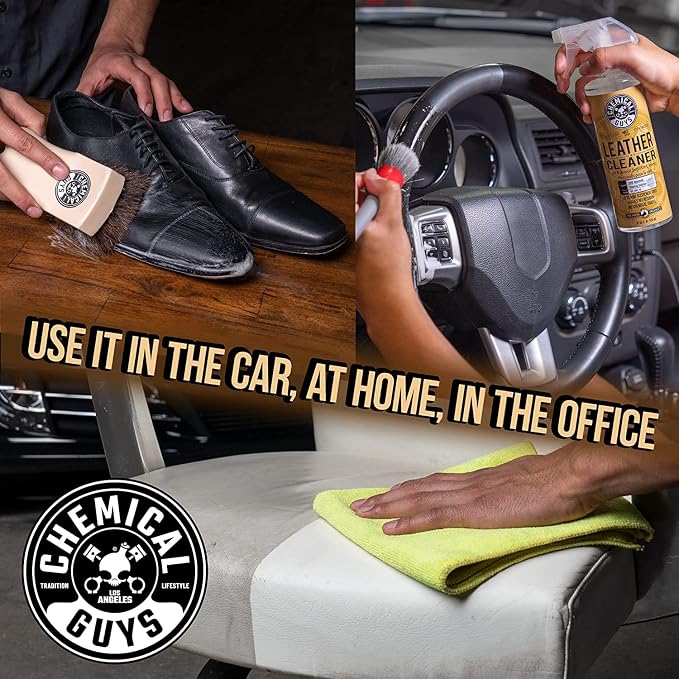 Chemical Guys SPI_109_04B Leather Cleaner and Conditioner Complete Leather Care Kit (2 - 4 fl oz Bottles) with ACC_S95 Long Bristle Horse Hair Leather Cleaning Brush, 1 Pack (3 Item Bundle)