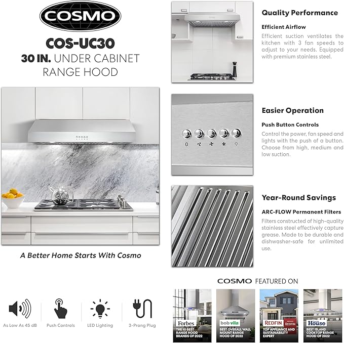 COSMO UC30 29.5 in. Ducted Under Cabinet Range Hood, Kitchen Over Stove Vent, 3-Speed Fan, Permanent Filters, LED Lights in Stainless Steel, 30 inch