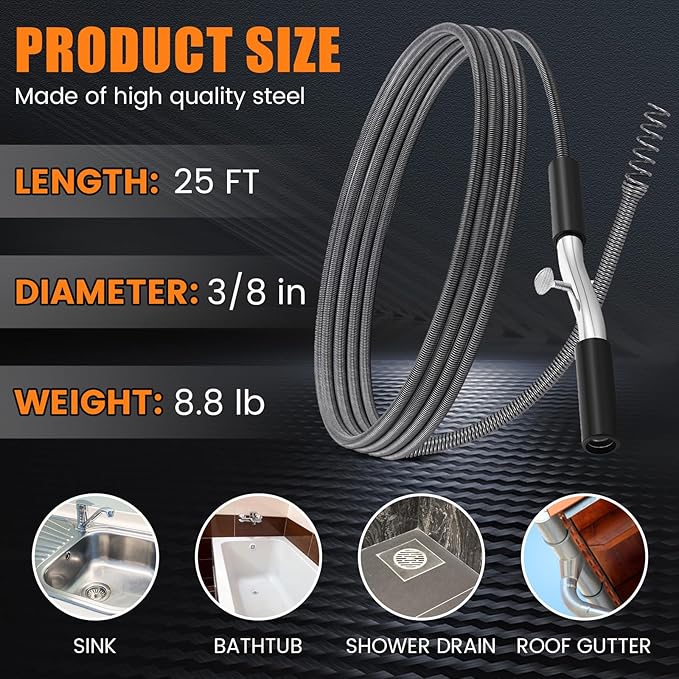 Threlaco 25 ft Drain Auger Plumbing Snake for Heavy Deep Blockages 3/8" Diameter Flexible Plumbing Cables Drain Snake for Kitchen Bathroom Shower Sink Cleaning Drainage Clogs