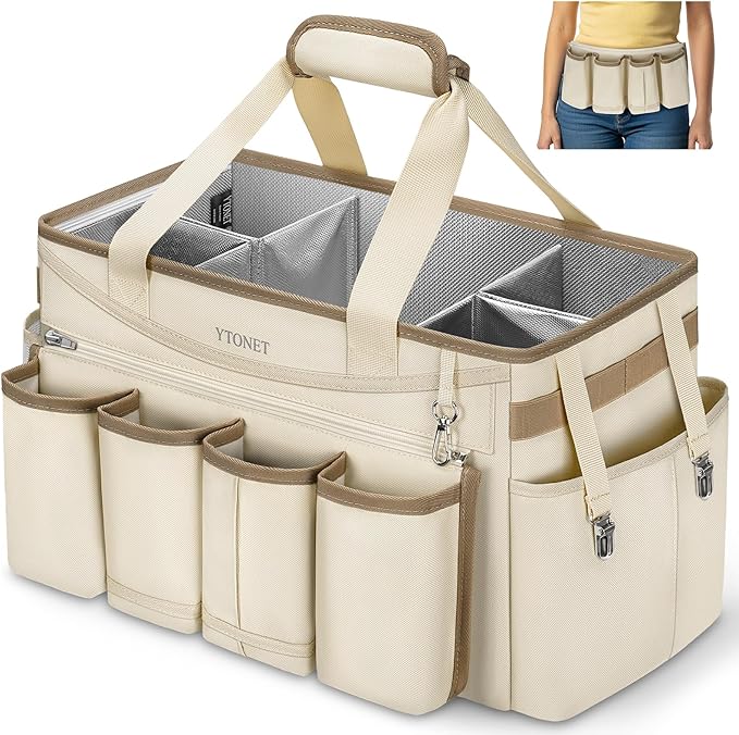 Ytonet Cleaning Caddy Bag with Detachable Apron, Extra Large Cleaning Supplies Organizer with Foldable Dividers, Portable Cleaner Tote with Handle, Cleaner Caddy for Kitchen, Detailing Bag, Apricot
