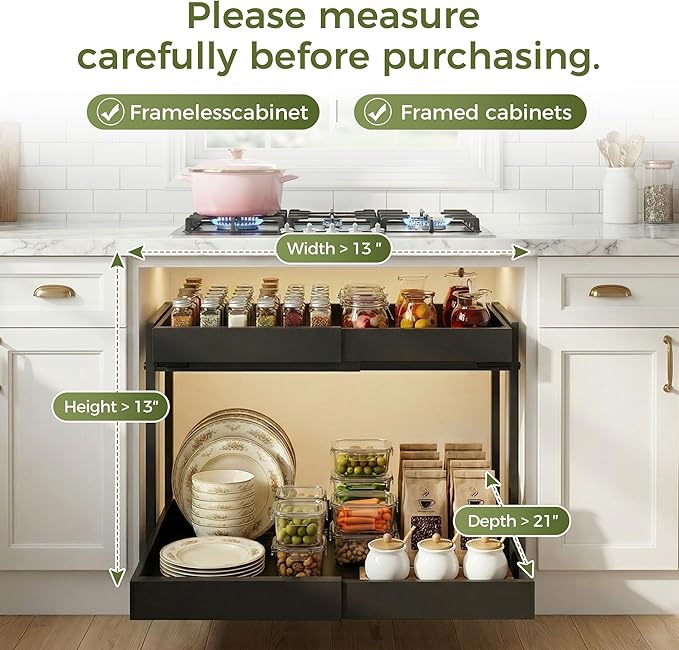 Abalter Expandable Pull Out Cabinet Organizer,2-Tier Slide Out Drawer for Kitchen Cabinets,Adjustable Width 12–18.5",Slide Out Shelves for Kitchen Countertop, Bathroom, Pantry, Heavy Duty Caddy(Black)