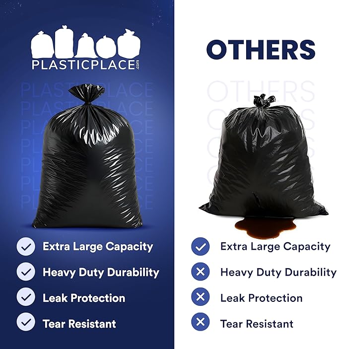 Plasticplace 95-96 Gallon Trash Bags │ 2.0 Mil │ Black Heavy Duty Garbage Can Liners │ 61” x 68” (50 Count)