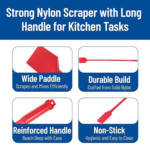 SPARTA 48" Nylon Paddle Scraper with 4.5" x 7.5" Contoured Blade, One-Piece Mixing Tool for Large Batch Cooking and Food Processing, Red (Pack of 6)