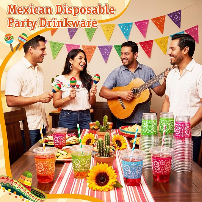Domensi 100 Sets Fiesta Plastic Cups with Lids and Paper Straws 12oz Mexican Cinco De Mayo Disposable Drinking Cups Bulk for Cold Drinks Baby Shower Wedding Papel Picado Theme Birthday Party Supplies