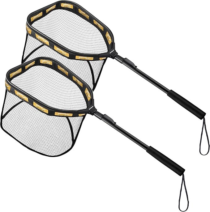 PLUSINNO Floating Fishing Net for Steelhead, Salmon, Fly, Kayak, Catfish, Bass, Trout Fishing, Rubber Coated Foldable Landing Net with Fixed or Telescoping Pole Handle, Fishing Gear and Gifts for Men