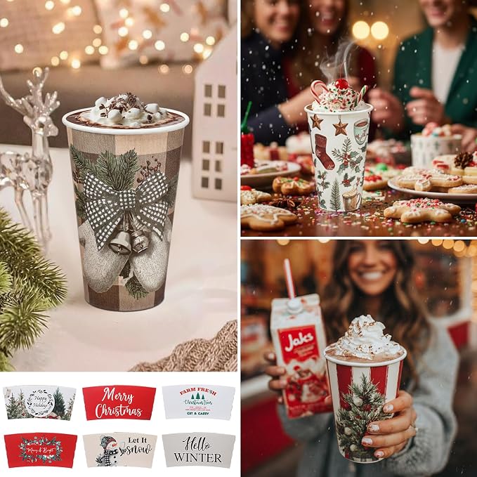 36 Sets/ 108 Pcs Christmas Tree Paper Cups 16 oz Disposable Coffee Cups with Lids and Sleeves Xmas Hot Cocoa Coffee Mug for Cold Drinks Hot Chocolate Christmas Party Supplies