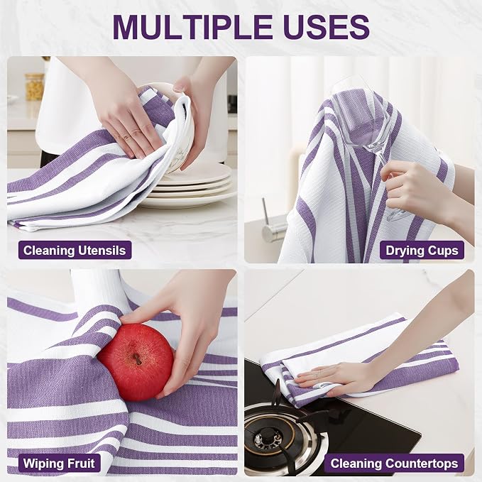 Homaxy Premium Kitchen Towels 18”x 28”, Large Cotton 380 GSM Kitchen Hand Towels, Stripe and Terry Dish Towel, Highly Absorbent Tea Towel Set with Hanging Loop, 6 Pack, Purple