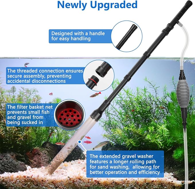 AQQA Gravel Vacuum for Aquarium Siphon - Adjustable Flow Fish Tank Cleaner with Handle, Manual Siphon Pump Water Changer Sand Rock Suction Cleaner, Upgraded Hard Hose with Threaded Connection (L)