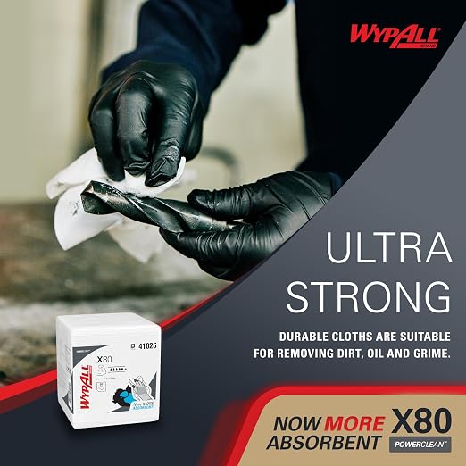 WypAll PowerClean X80 Cloths Heavy Duty Wipes (41026), Quarterfold, Extended Use Towels, White (4 Packs of 50 Sheets, 200 Sheet Total)