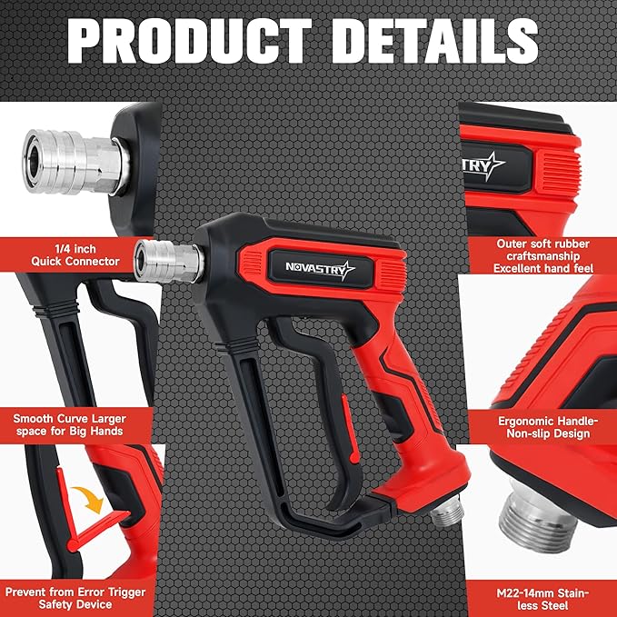 Pressure Washer Gun, 4000 PSI Pressure Washer Spray Gun, 1/4" Quick Connect, 5 Spray Nozzles, M22-14 Adapter & 3/8" Swivel Quick Connector, Replacement Gun for Foam Cannon & Power Washer