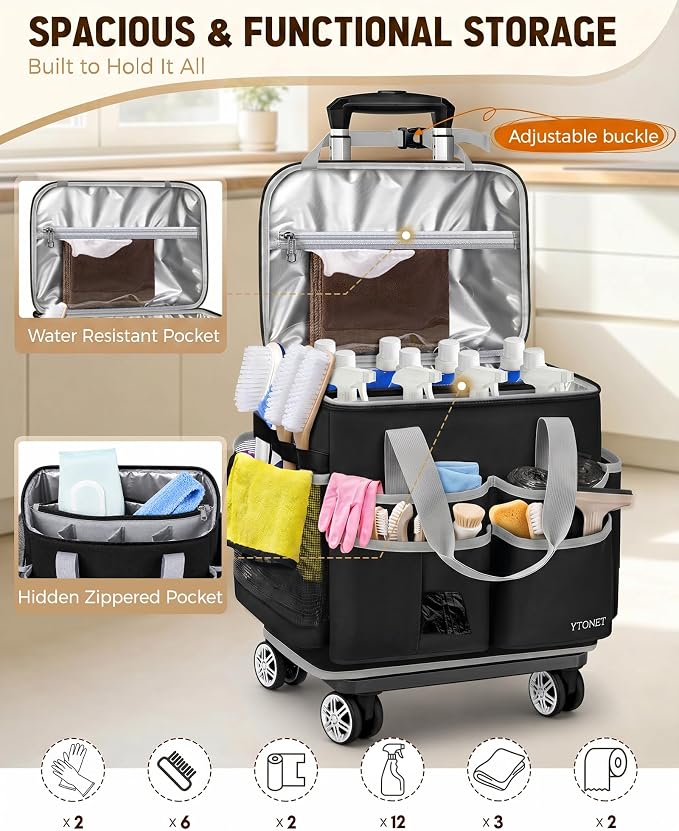 Ytonet Wearable Rolling Cleaning Caddy Bag with Cleaning Apron, Large Cleaning Caddy with 4 Spinner Wheels, Detachable Trolley Portable Cleaning Supplies Organizer Cart for Housekeepers, Utility Bag