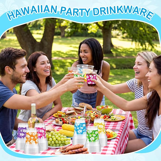 Tanlade 60 Pcs Hawaiian Luau Cups 12 oz Plastic Tropical Floral Cup Disposable Party Drinking Hawaii Hibiscus Beverage Drinkware for Summer Hawaiian Luau Tropical Pool Beach Birthday Party Supplies