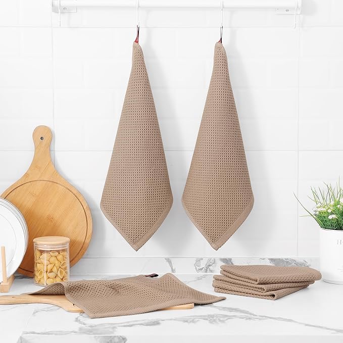Kitinjoy 100% Cotton Kitchen Dish Cloths (12 X 12 Inches, Tan), 12 Pack Waffle Weave Ultra Soft Absorbent Dish Towels for Drying Dishes Quick Drying Kitchen Towels Dish Rags