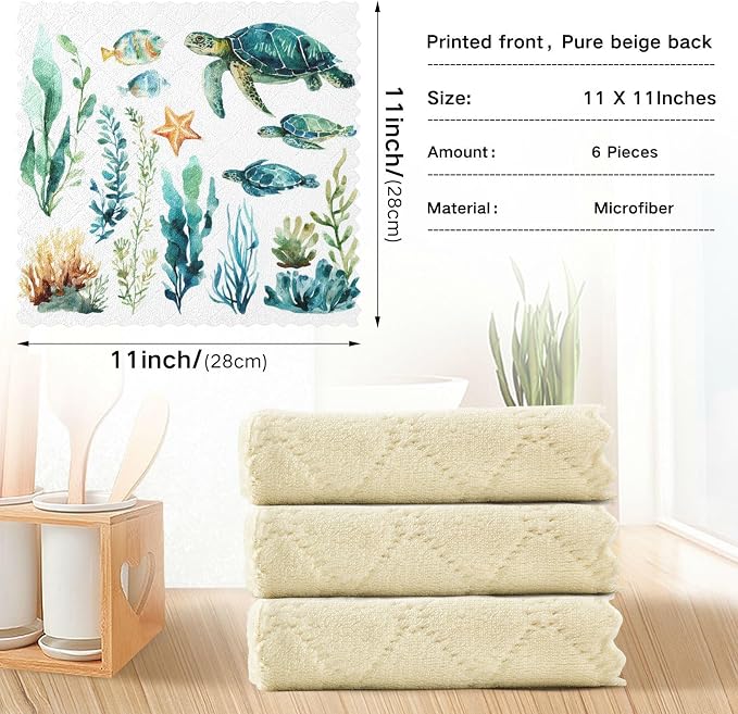 Underwater Turtle Fish Plant Kitchen Towels Dish Cloths Set of 6 Microfiber Cleaning Cloths for Cars Super Absorbent Machine