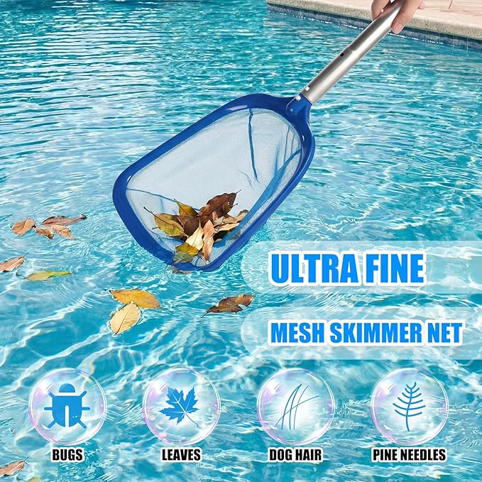 3 Pcs Pool Vacuum Kit Manual Vacuum Head with 1-1/2" x 18ft Long Hoses and Skimmer Net Flexible Head Wheels, Maintenance Accessory Tool for Above Ground Inground Pool Cleaning