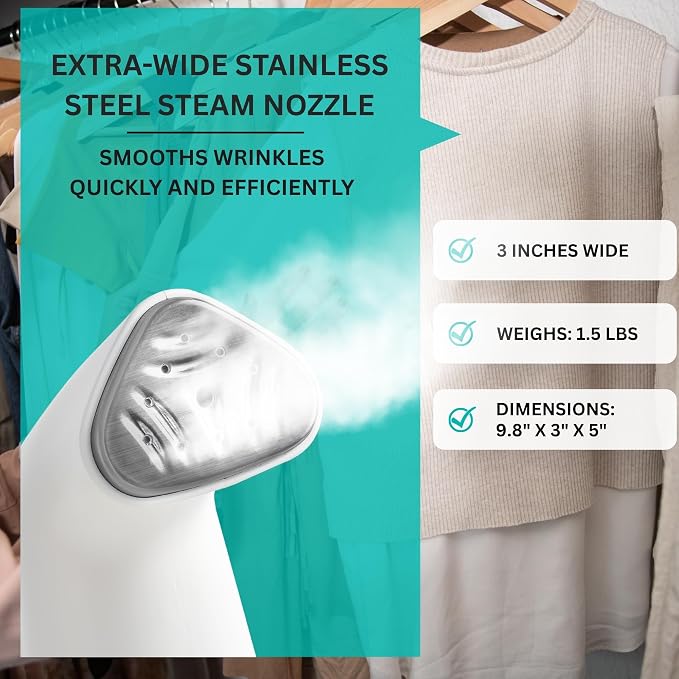 True & Tidy Compact Handheld Garment Steamer for Clothes, Travel Steamer with Stainless Steel Nozzle, 800 watts, White