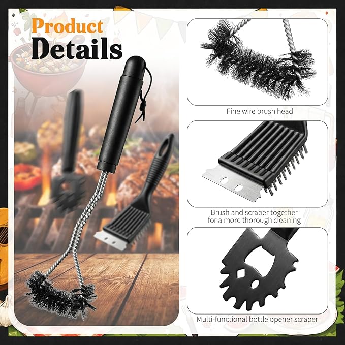 5 Pcs 304 Stainless Steel BBQ Grill Cleaning Tools Set, Steel Grill Brush Accessories with Scraper, Pointed Tail, Triangular, Scouring Pad Brush for Outdoor Gift for Men Dad