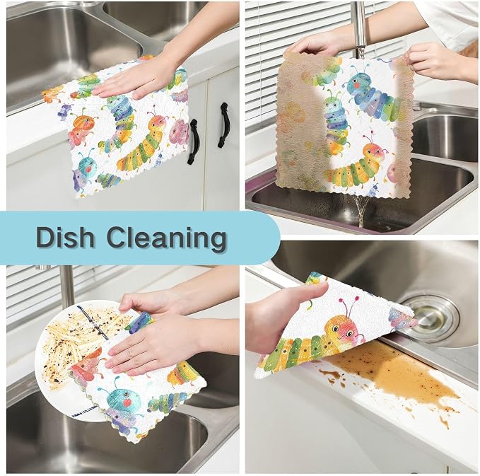 senya Kitchen Dishcloths, Watercolor Caterpillar Cloth Dish Towels 6 Pack Super Absorbent Dishtowels Reusable Cleaning Cloths