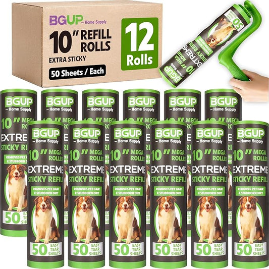10 Inch Lint Roller Refills, 12 Rolls 600 Sheets Large Lint Rollers for Pet Hair Extra Sticky, Easily Remove Carpets, Clothes, Couch and Curtains Dust (Not Include Lint Roller Handle)