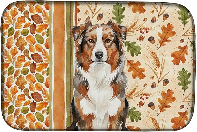 Caroline's Treasures Red Merle Australian Shepherd Heirloom Fall Dish Drying Mat Absorbent Dish Drying Mat Pad for Kitchen Counter Dish Drainer Mat for Countertop, 14 x 21", Multicolor