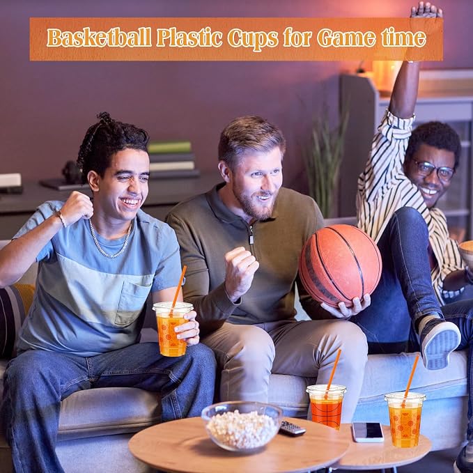 Yaomiao 300 Pcs 12 oz Basketball Plastic Cups with Lids and Straw Plastic Disposable Clear Cups Happy Basketball Theme Party Drinking Set for Party Supply