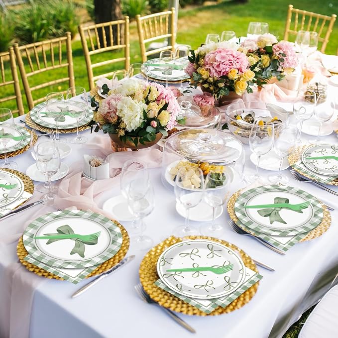 CHUNNIN 96Pcs Green Plaid Bow Spring Plates and Napkins Party Decorations Bow Theme Dessert Paper Plates Napkins Birthday Tableware Set for 24 Guests Girls Baby Shower Picnic BBQ Party Suppliess