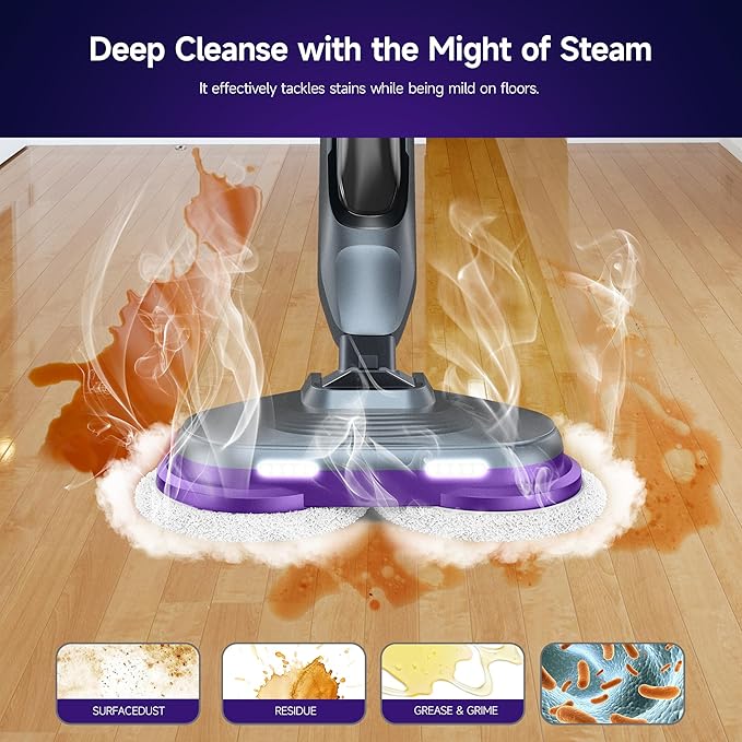 Scrub & Steam Mop with Rotating Mop Pads, LED Headlights, 6 Scrub Pads, Large Tank, Swivel Steering, Effortless Scrubbing Hard Floor Cleaner Upgraded