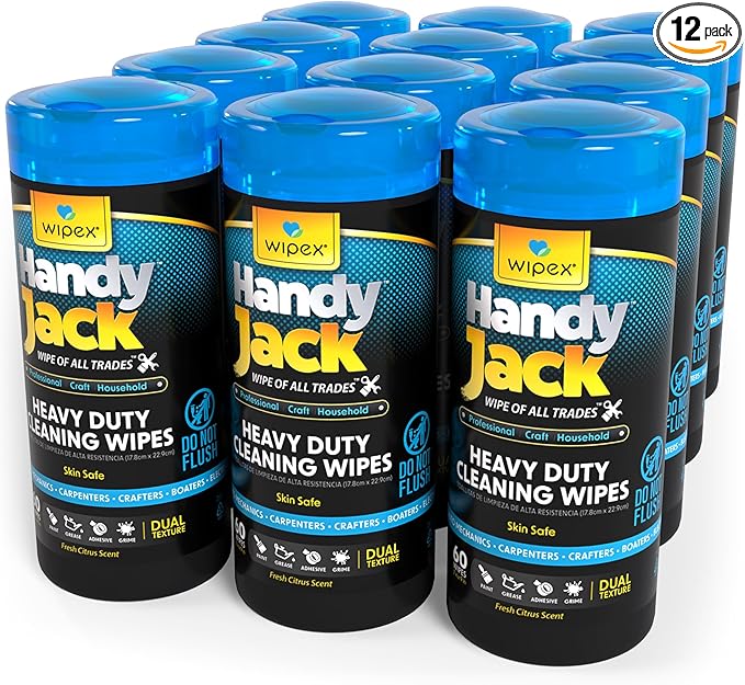 Wipex Handy Jack Degreaser Cleaner Heavy Duty Wipes, Dual Texture Cleaning Cloth for Mechanic Hand Wipes and Surfaces, Clean Tools & Automotive Parts, Paint Remover, Oil, Grease, & Dirt, 60ct Canister
