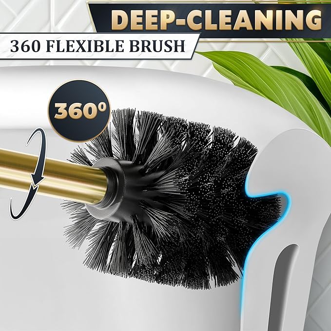 Gold Toilet Brush and Holder Set - Brushed Stainless Steel Gold Toilet Bowl Brush and Holder with Replaceable Head, Removable Inner Bowl, and Splash Protection - Dense Bristles for Thorough Cleaning