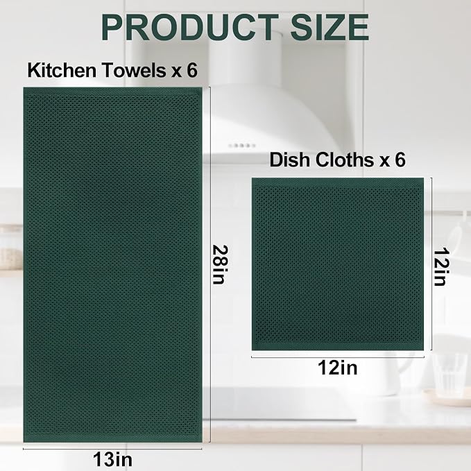 Homaxy 100% Cotton Kitchen Towels and Dishcloths Set, 12 x 12 Inches and 13 x 28 Inches, Set of 12 Bulk Kitchen Towels Set, Ultra Soft Absorbent Dish Cloths for Washing Dishes, Blackish Green