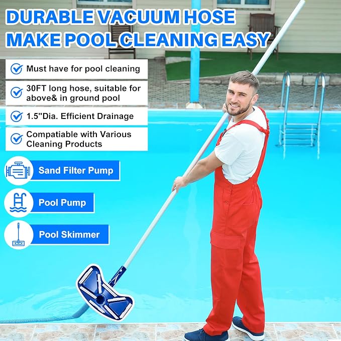 3 Pcs Pool Cleaning Kit 11.8" Vacuum Head with Flexible Wheels, 1-1/2 x 18ft Hoses and Skim Vacuum Plate Pool Maintenance Cleaning Accessory Tool for Fast, Easy Debris Removal